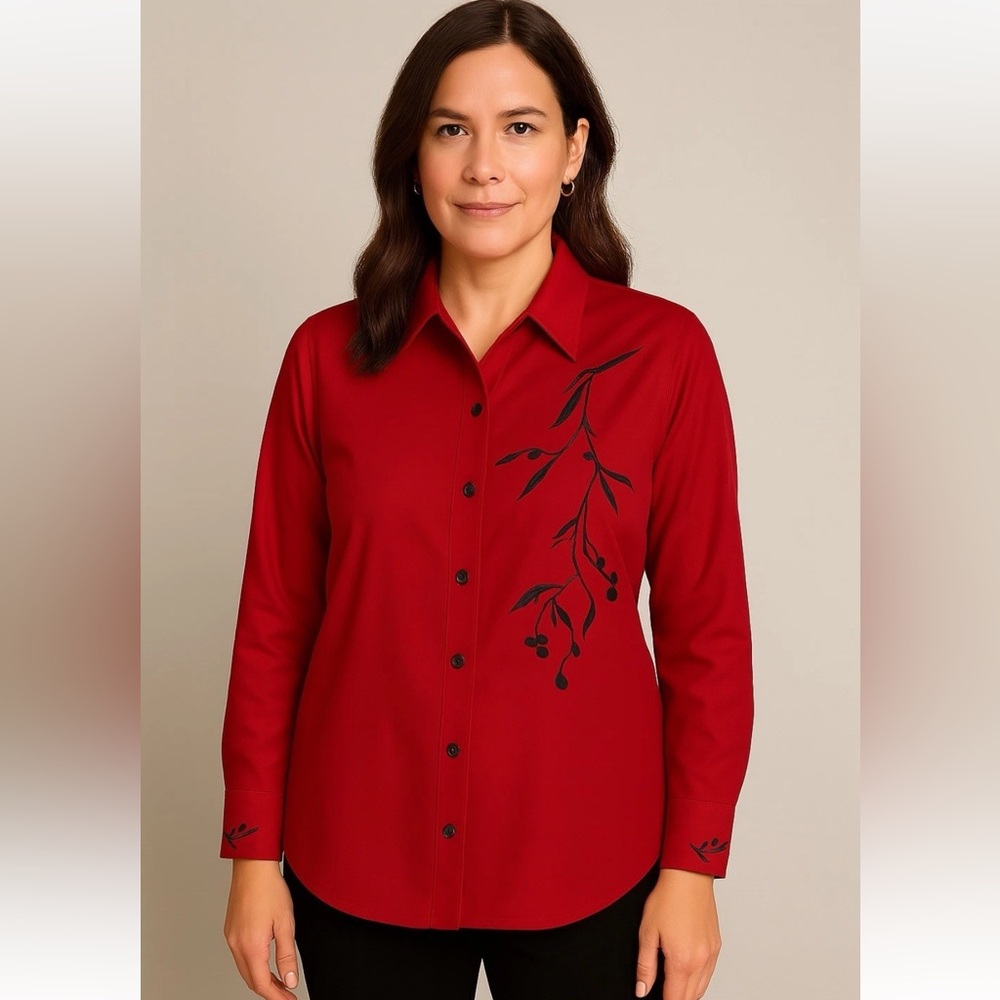 Coldwater Creek Red Button Down Shirt with Embroidered Black Leaf Design